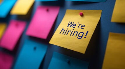Colorful sticky notes on a blue wall with one saying we are hiring in blue text message