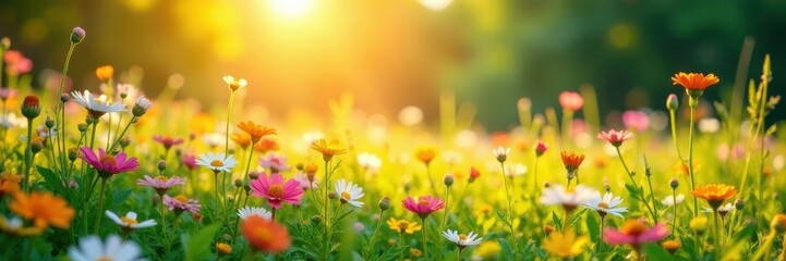 Sunlit meadow bursting with colorful wildflowers , sunshine, blue, floral