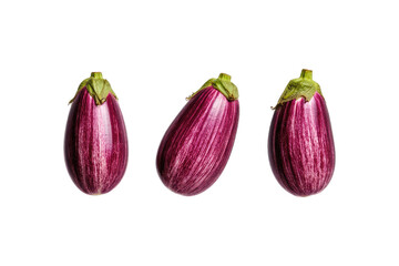 Three purple eggplants isolated on transparent background