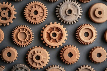 Wooden Gear Pattern: Interlocking Mechanisms on Grey.