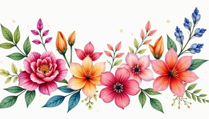 Obraz premium Vibrant watercolor floral bouquet, diverse blooms, orange, texture, illustration