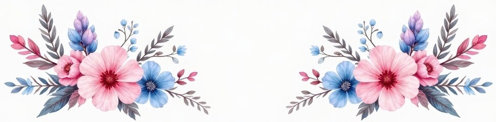 Delicate pink & blue watercolor floral bouquet with feathers, vintage style , element, soft