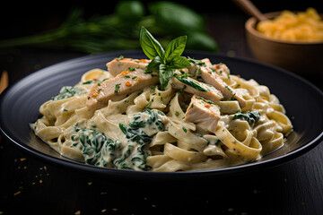 Chicken Alfredo Pasta with Spinach Focused view