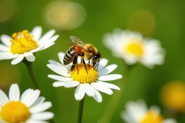 Obraz premium Honeybees actively pollinating bright yellow and white daisies , insect, colorful