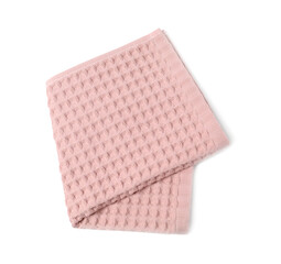 Clean pink waffle towel isolated on white, top view