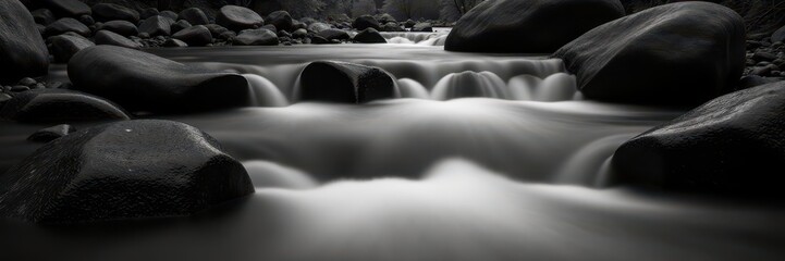 Obraz premium Smooth river rocks, satin waterfall, long exposure, black & white, bw, smooth, picture