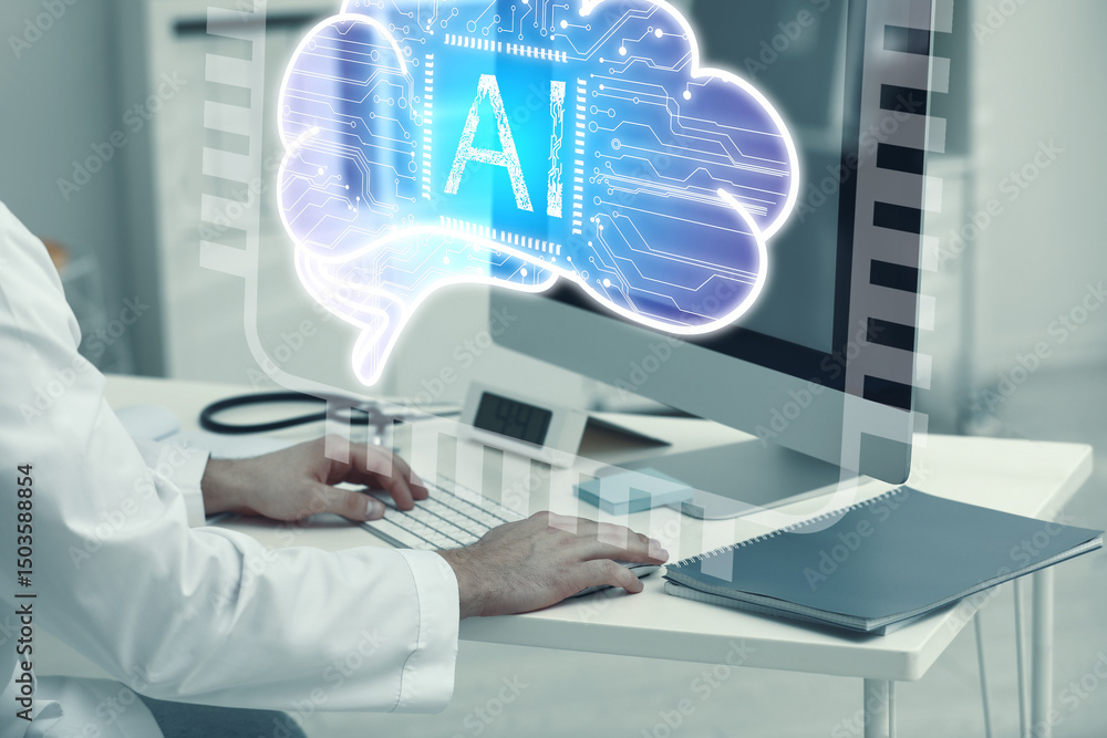 Poster doctor using computer with ai virtual screen at table, closeup. artificial intelligence in medicine