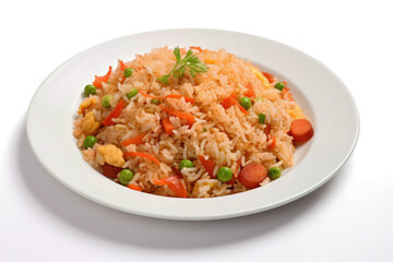 Chinese fried rice with egg vegetables served on a white plate against a white background