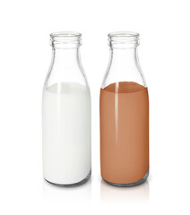 Chocolate drink and milk in glass bottles isolated on white