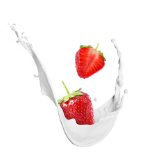Fresh juicy strawberries and splash of cream in air on white background