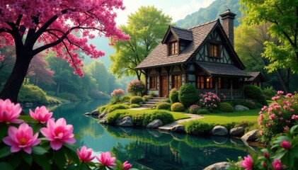 Fototapeta premium Storybook cottage nestled amongst blooming rhododendrons by a calm pond , home, magical