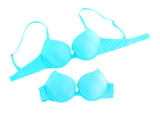 Beautiful light blue bra isolated on white, collage. Top view