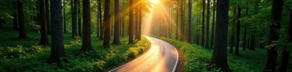 Fototapeta premium Sunlit forest road aerial, curving asphalt ribbon through dense trees, journey, exploration, route