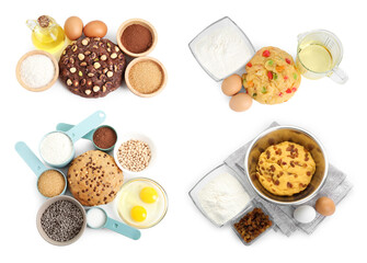 Different types of dough and ingredients isolated on white, set. Top view