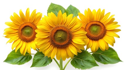 Obraz premium Three vibrant sunflowers with green leaves arranged on a pure white background.
