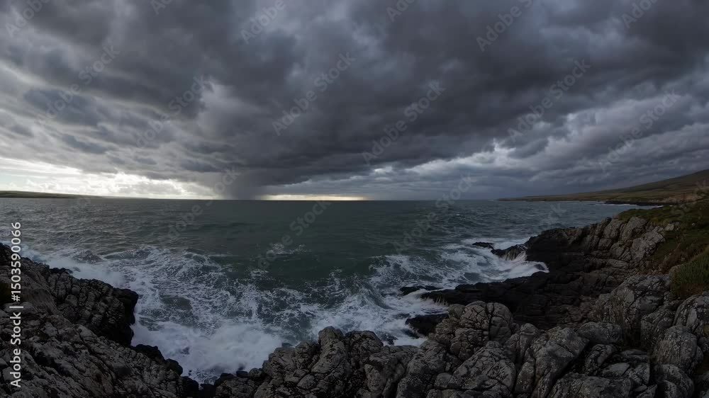 Poster turbulent waves crashing against jagged rocks, unleashing primal force under brooding, thunderous sk