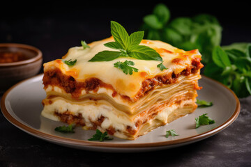 Close up still life of homemade Italian meat lasagna with Bolognese and bechamel sauce