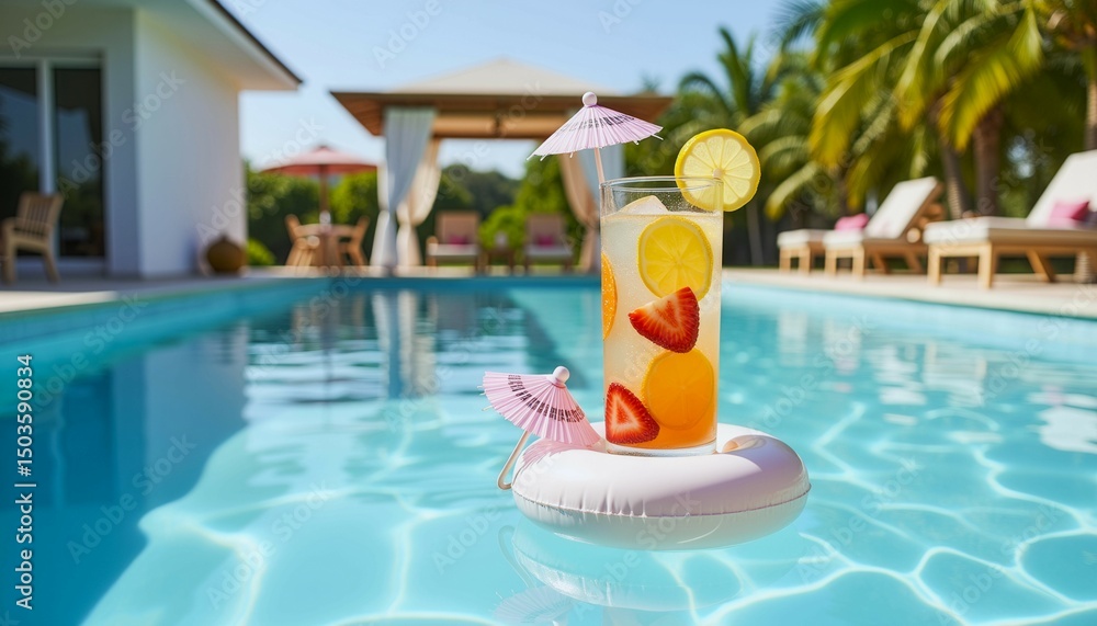 Poster a glass of fruit punch is floating on a pool float. the drink is topped with a pink umbrella and a s
