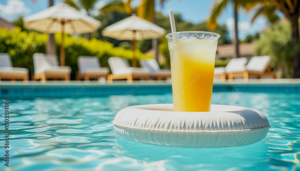 Poster a cup of orange juice is floating on a pool float. the scene is set in a pool area with several loun