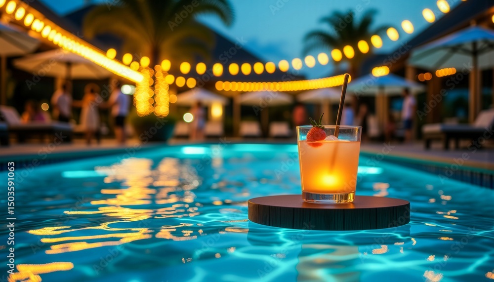 Poster a glass of alcohol is floating on a wooden platform in a pool. the pool is lit up with lights, creat