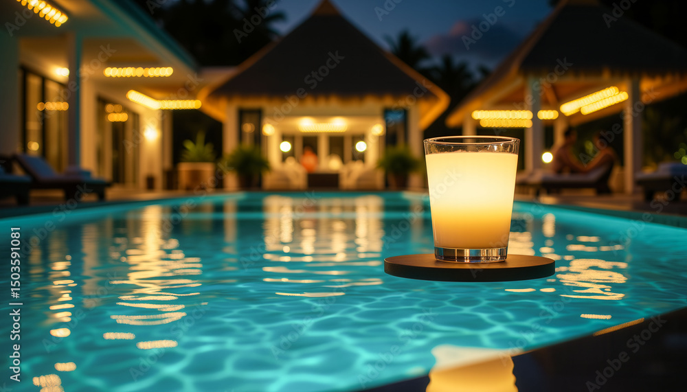 Poster a glass of liquid is floating on a wooden platform in a pool. the pool is lit up and the atmosphere 