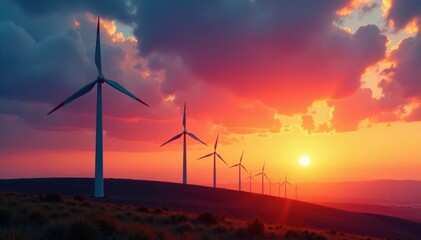 Obraz premium Wind turbines turning against a vibrant sunset sky, green, sustainability
