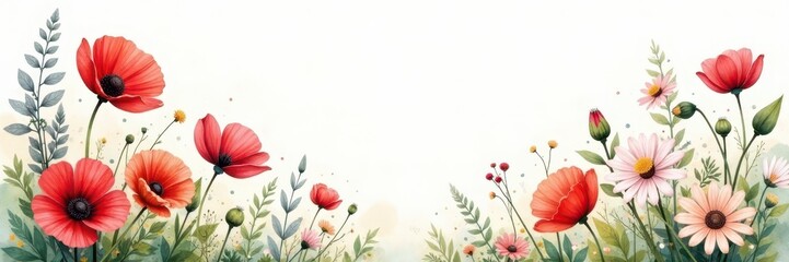 Obraz premium Loose watercolor wash, wildflower bouquet; poppies, daisies, artistic, blossom