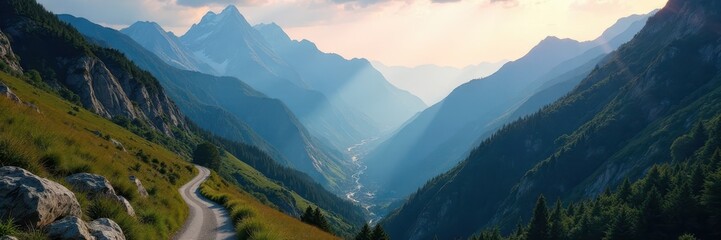 Naklejka premium Narrow mountain road disappears into high peaks, light, shadow, stone