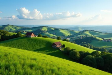 Obraz premium Rolling hills dotted with single-family residences, Strip visible in far distance, single family homes, real estate