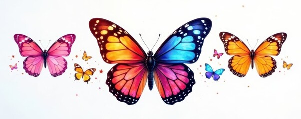 Vibrant butterflies dance on white, wings ablaze , colorful wings, insects