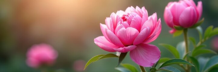 Delicate pink peony blossoms, lush petals, soft light , pastel, full bloom, soft