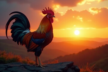 Majestic rooster, sharp lines, sunrise background, silhouette, rural