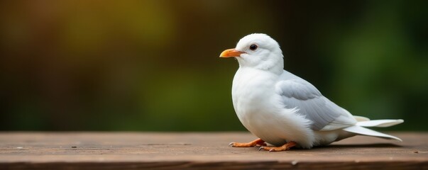 Pure white bird rests on rustic brown wooden table , wild, vintage, background