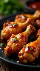 Perfectly grilled chicken wings, glistening sauce, image, chicken wings