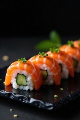 Rotating nigiri, maki, and rolls against a stark black backdrop , fish, gastronomy
