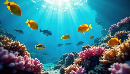 School of colorful fish swims over a healthy reef , orange, red