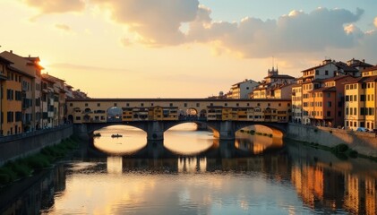 Sunlit Arno River, Ponte Vecchio & Duomo, artistic rendering , background, bridge