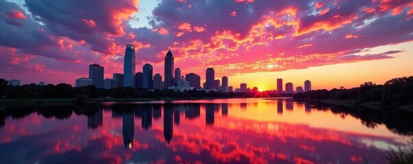 Sunset paints Dallas skyline, mirrored in calm Trinity River waters , blue, Dallas