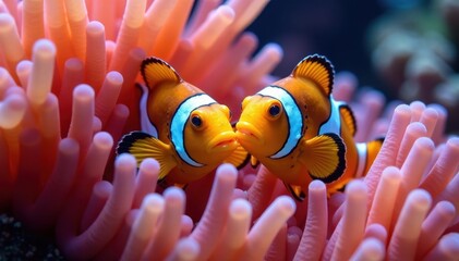Two orange clownfish nestled within vibrant sea anemone tentacles , macro photography, reef