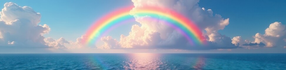 Vibrant rainbow arching over tranquil sea, fluffy clouds , sea, water, calm