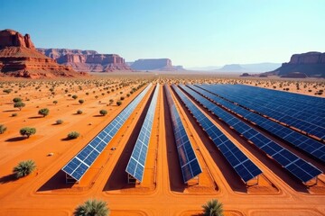Vast desert landscape with rows of solar panels, landscape, hot