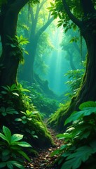 Vibrant jungle foliage, dense emerald green canopy, bright, bush