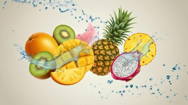 Realistic Floating Tropical Fruits with Juice Splash