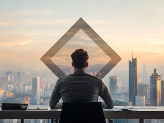 Obraz na płótnie Canvas Cityscape Vision: Businessman's Dawn Strategy.