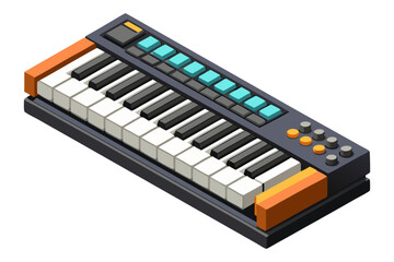 A compact, modern electronic keyboard with orange accents and teal buttons, seen from an isometric angle.