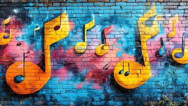 Graffiti music notes on a brick wall