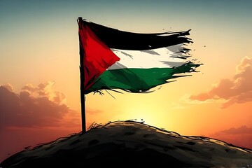 Tattered Palestinian Flag at Sunset A Symbol of Resilience and Hope