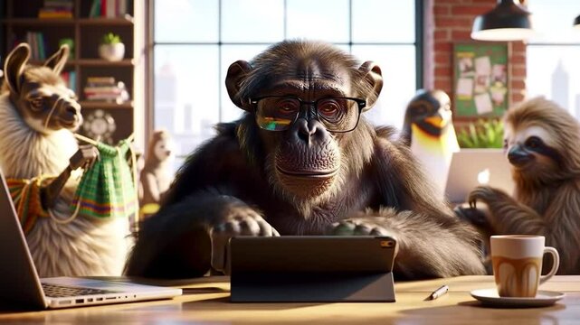 Whimsical office scene featuring diverse animals collaborating on modern technology