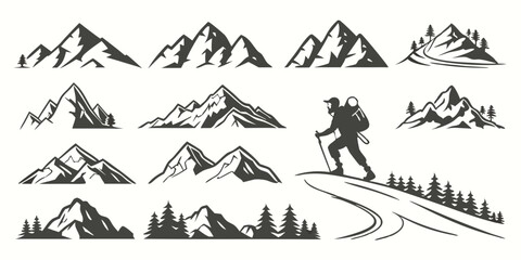 Fototapeta premium Vector Mountain Icons – Abstract & Realistic Mountain Symbol Set (50 Icons)