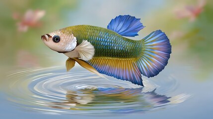 Colorful Betta Fish Swimming in Reflection on Calm Water Surface